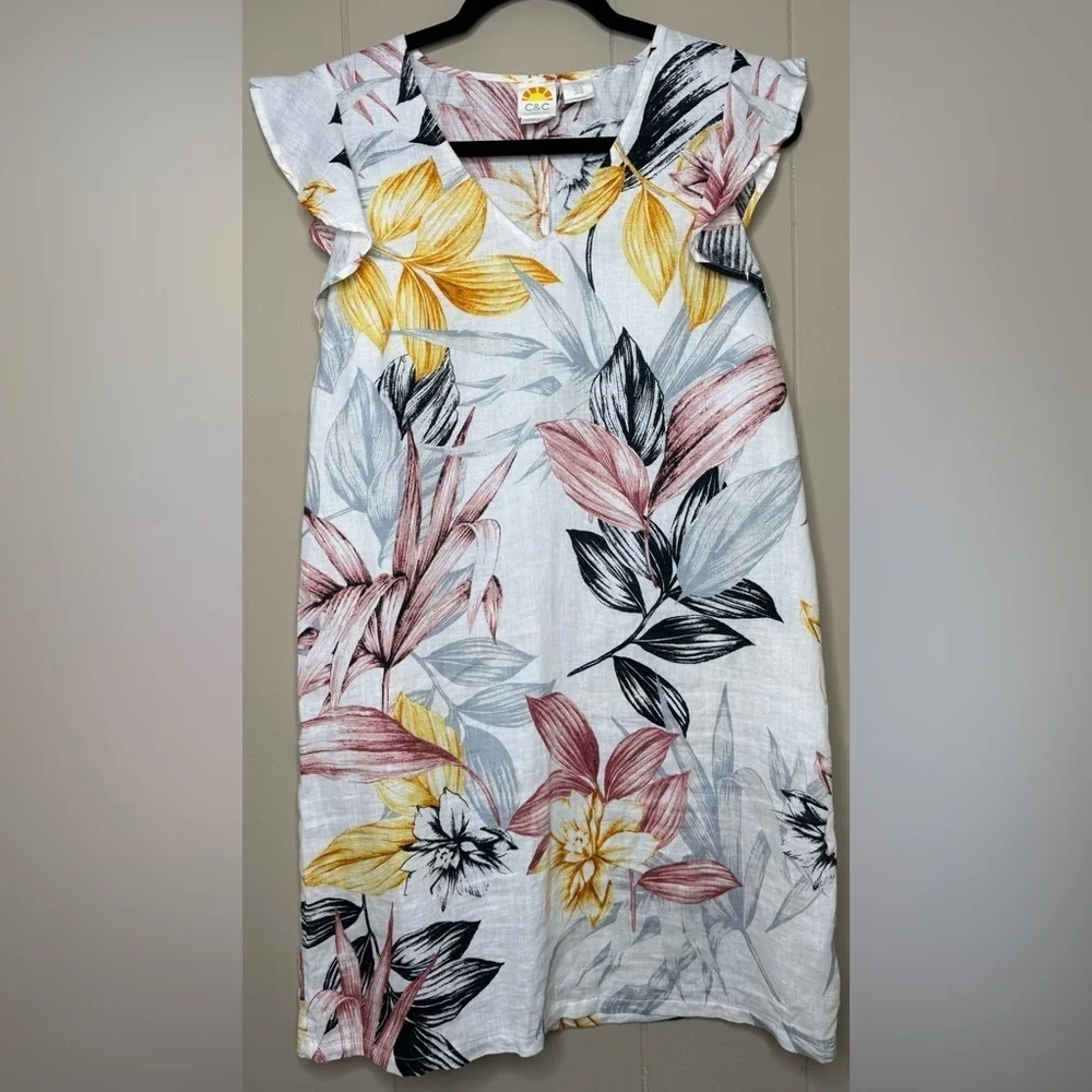 100% Linen C&C California Floral Flutter Sleeve Mini Dress Womens XS
